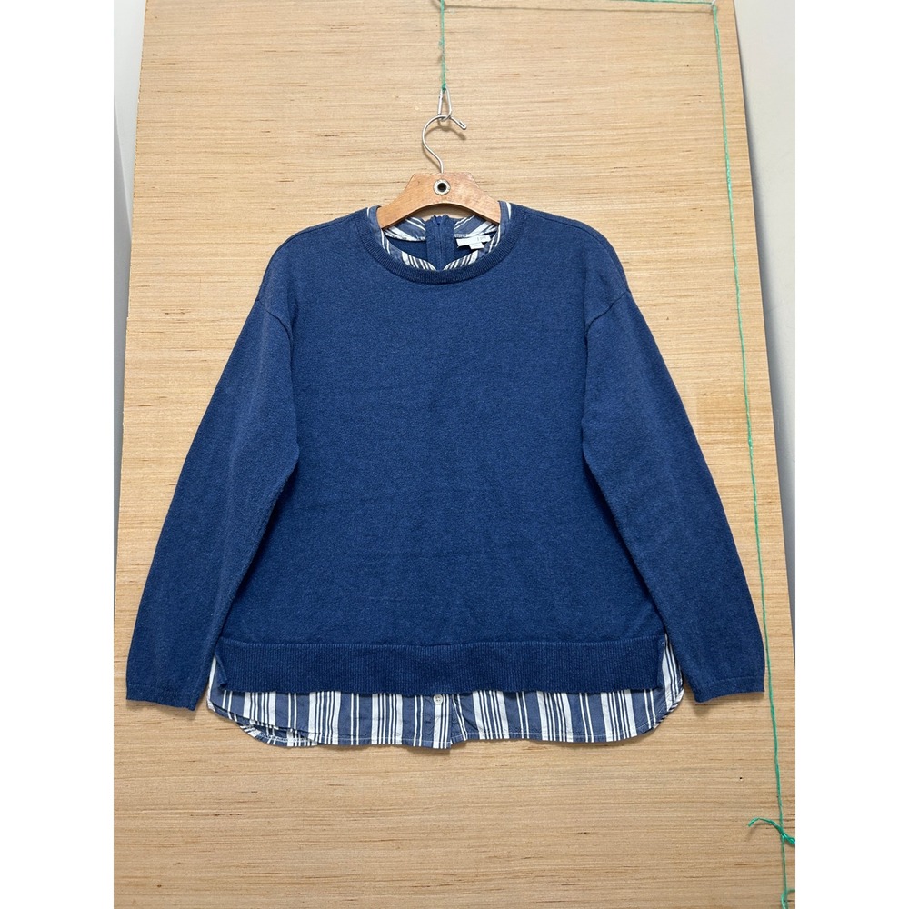 J. Jill Blue Layered Mixed Media Sweater Striped Shirt Hem Petite Medium PM